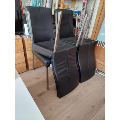 4 eetkamerstoelen zwart leer, rvs poten