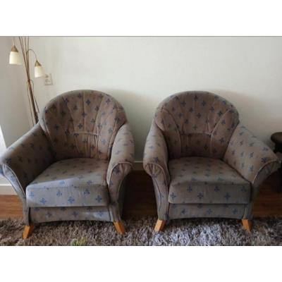 Twee fauteuils stof bruin/blauw