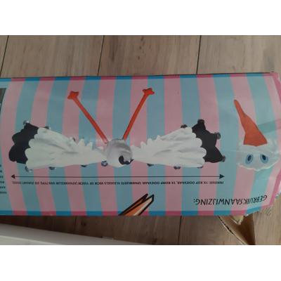 Ooievaar vliegt door raam.