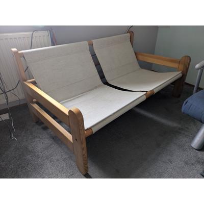 grenen 2 zitsbank met stoffen kussens