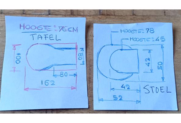 Tafel, mooie aparte vorm met 4 stoelen - Afmetingen-tafel-en-stoel