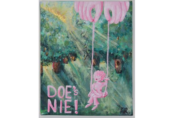 klein schilderij groen roze tekst  - Doe's-nie-I