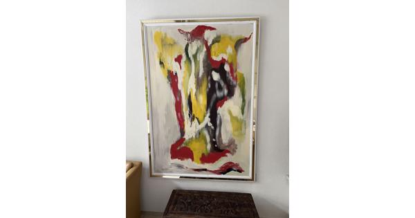 Groot abstract schilderij met lijst op gipsplaat. Afm. 128 x 182 cm. Gaat weg wegens ruimtegebrek. 