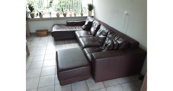 3 zits chocolade bruine leren bank met longchair en voetenbank (hocker)