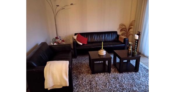 2 zwarte banken, 2 zwarte bijzettafels, grijs hoogpolig tapijt