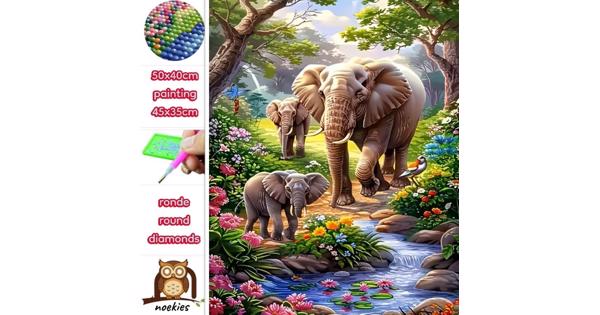 50x40cm Diamond Painting Olifant meerkleurig (rond) nr 80