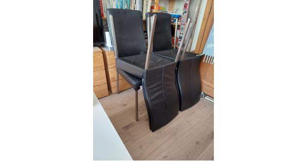 4 eetkamerstoelen zwart leer, rvs poten