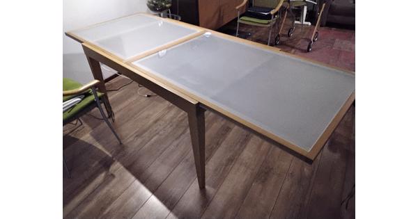 eetkamer tafel beuken met glazen blad uitschuifbaar