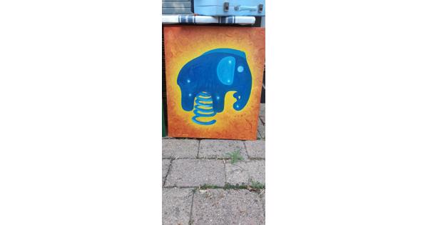 2 kleurige schilderijen Gansje & WipKip (olifant) olieverf op hout