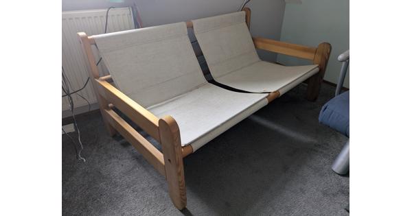 grenen 2 zitsbank met stoffen kussens